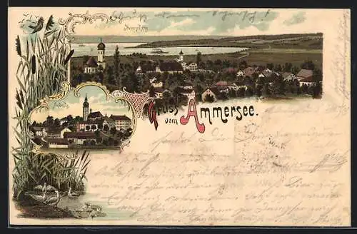 Lithographie Herrsching am Ammersee, Ortsansicht, Blick auf Andechs