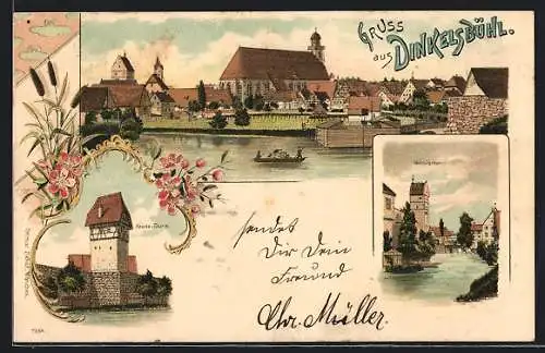 Lithographie Dinkelsbühl, Ortsansicht an Wasserpartie mit Haucke-Thurm und Wörnitzthor