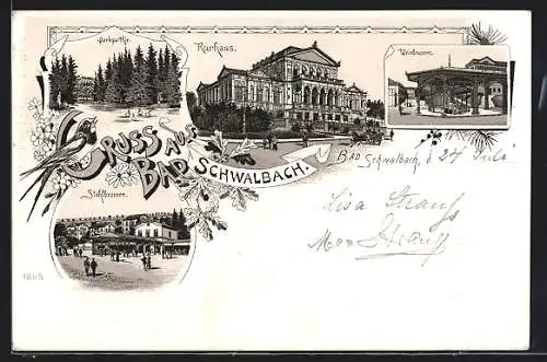 Lithographie Bad Schwalbach, Kurhaus, Stahlbrunnen, Weinbrunnen