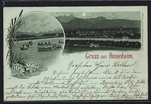 Mondschein-Lithographie Rosenheim, Bootsfahrt auf dem Inn, Ortsansicht gegen die Alpen