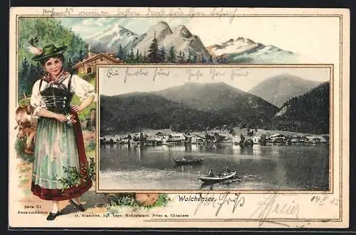 Passepartout-Lithographie Walchensee, Ortsansicht vom See aus, Bayerin in Tracht