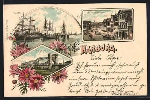 Lithographie Hamburg-Harburg, Elbbrücke, Hafen, Schloss-Strasse