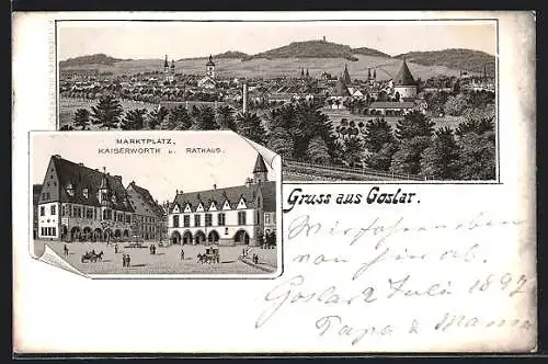 Lithographie Goslar, Blick zum Ort, Marktplatz, Kaiserwörth u. Rathaus, Pferdewagen