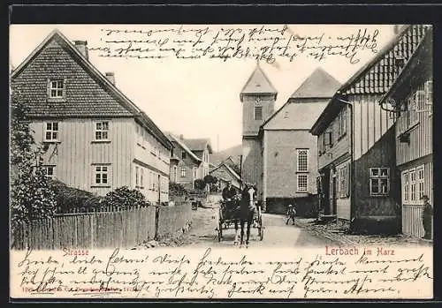 AK Lerbach im Harz, Strassenpartie bei der Kirche, Fuhrwerk