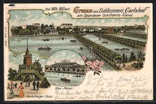 Lithographie Berlin-Charlottenburg, Gasthaus Carlshof am Spandauer Schiffahrts-Kanal, Restaurant Glas-Palast