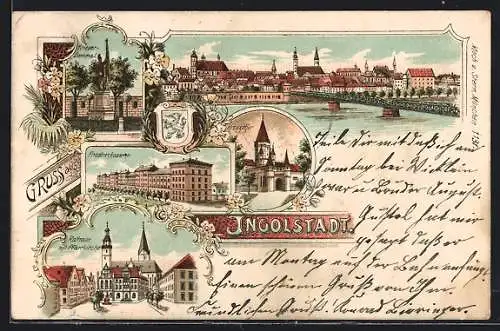 Lithographie Ingolstadt, Panorama, Rathaus, Kriegerdenkmal, Friedenskaseren, Wappen