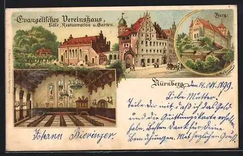 Lithographie Nürnberg, Evangelisches Vereinshaus, Burg