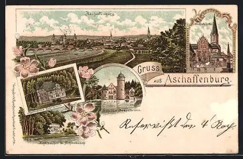 Lithographie Aschaffenburg, Jagdschloss Rohrbrunn, Schloss Mespelbrunn, Schlösschen im Schönbusch