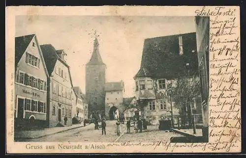 AK Neustadt a. Aisch, Strassenpartie im Ortskern mit Bäckerei und Stadttor