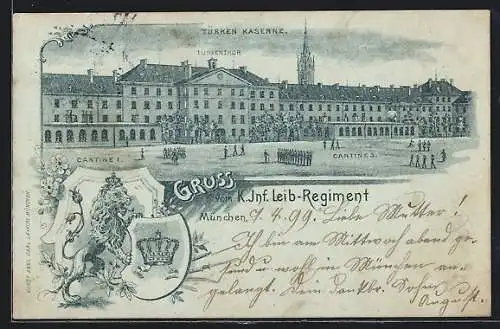 Mondschein-Lithographie München, Türken Kaserne vom K. Inf. Leib-Regiment mit Cantinen 1. und 3.