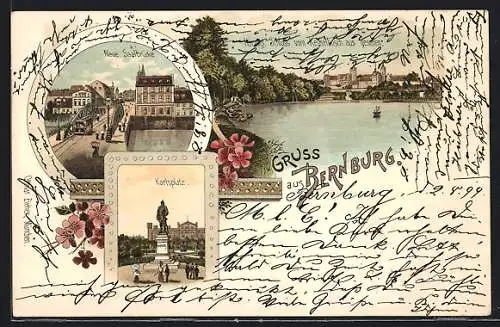 Lithographie Bernburg, Herzogl. Schloss von Kesselbusch aus gesehen, Neue Saalbrücke & Karlsplatz