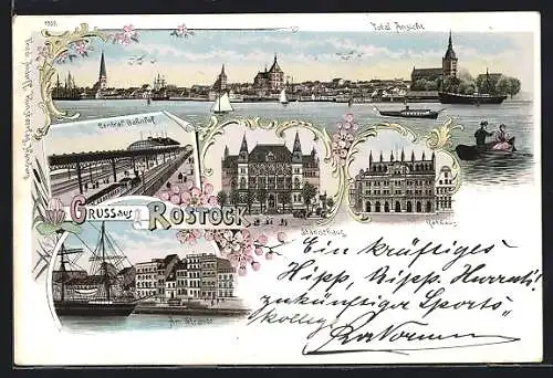Lithographie Rostock, Central-Bahnhof. Ständehaus, Rathaus