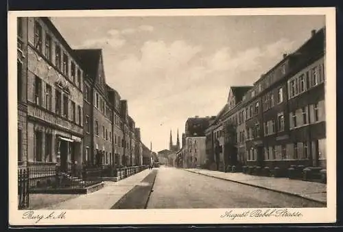 AK Burg b. M., Blick in die August Bebel-Strasse
