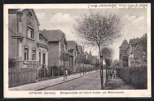 AK Hettstedt / Südharz, Mühlgartenstrasse mit höherer Knaben- und Mädchenschule