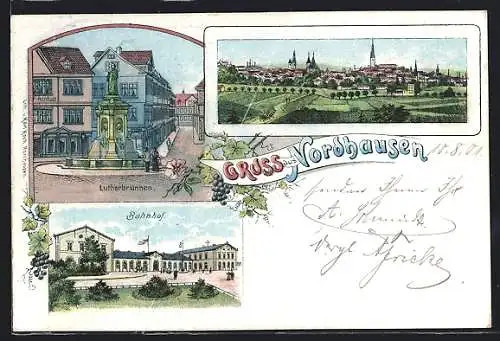 Lithographie Nordhausen, Teilansicht, Bahnhof, Lutherbrunnen
