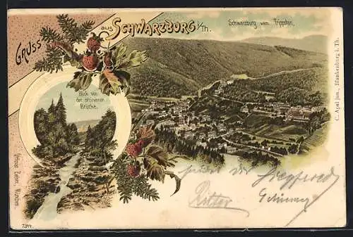 Lithographie Schwarzburg i. Th., Ortsansicht vom Trippstein aus, Blick von der steinernen Brücke
