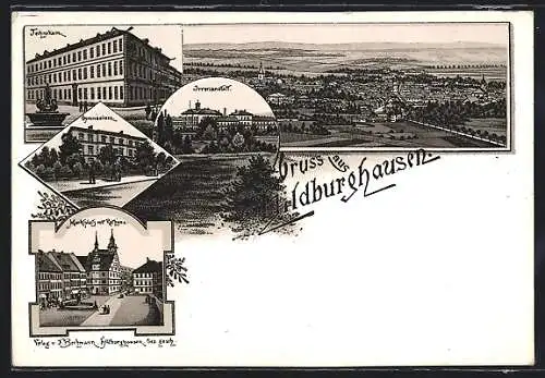 Lithographie Hildburghausen, Technikum, Gymnasium, Irrenanstalt