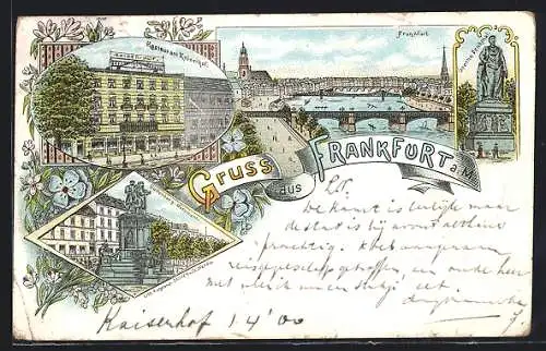 Lithographie Frankfurt a. M., Restaurant Kaiserhof, Guttenberg-Monument, Goethe-Denkmal