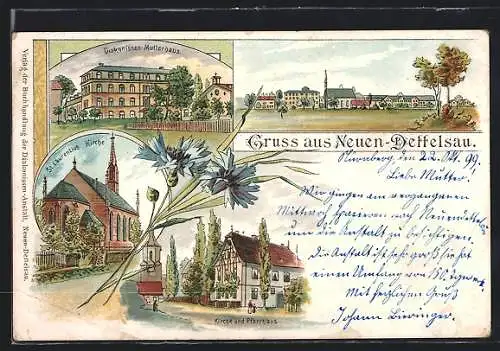 Lithographie Neuen-Dettelsau, Diakonissen-Mutterhaus, St. Laurentius-Kirche, Kirche und Pfarrhaus