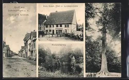 AK Schwenningen a. N., Verlängerte Karlsstrasse, Obsthandlung Alois Busch, Hölzlekönig