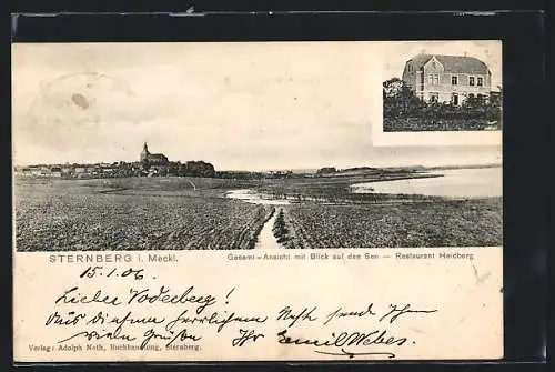 AK Sternberg i. Meckl., Restaurant Heidberg, Gesamtansicht mit Blick auf den See