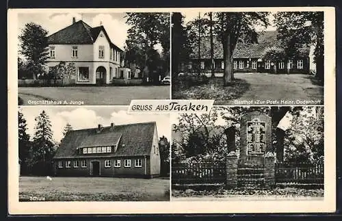 AK Taaken, Gasthof Zur Post, Geschäftshaus A. Junge, Schule