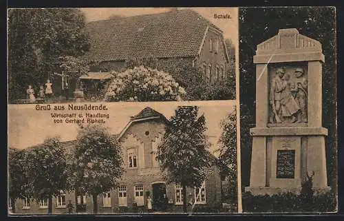 AK Neusüdende / Rastede, Gasthaus u. Handlung von Gerhard Ripken, Schule, Denkmal