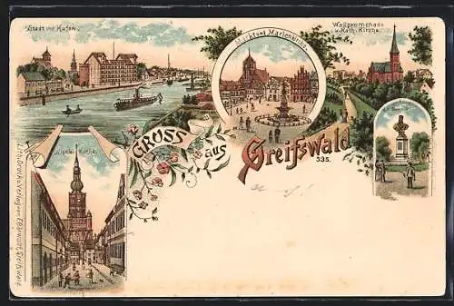 Lithographie Greifswald, Markt u. Marienkirche, Stadt und Hafen, Nicolai-Kirche