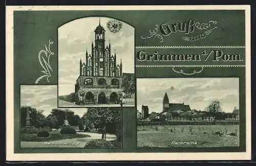 AK Grimmen i. Pom., Bahnhofsanlage, Rathaus, Panorama, Wappen