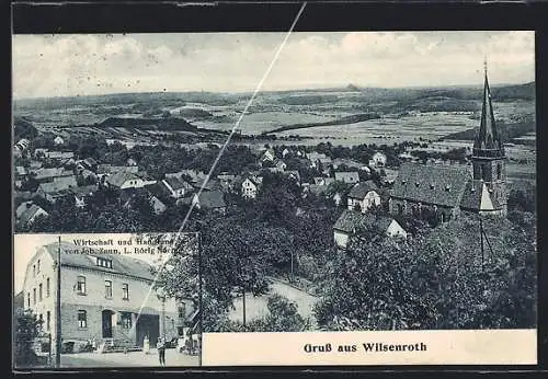 AK Wilsenroth, Gasthaus-Handlung J. Zaun, Gesamtansicht mit Fernblick aus der Vogelschau