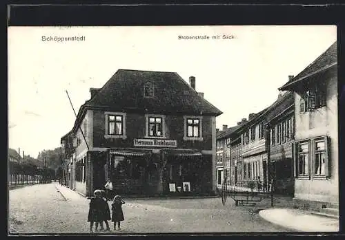 AK Schöppenstedt, Stobenstrasse mit Sack, Geschäft Hermann Rintelmann