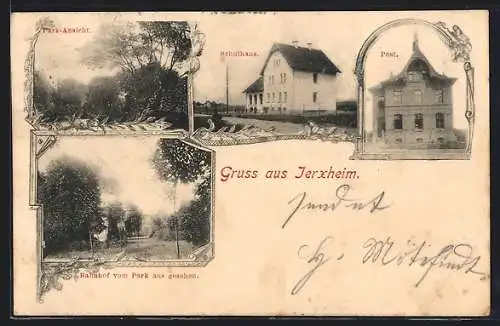 AK Jerxheim, Schule, Postamt, Park mit Blick zum Bahnhof