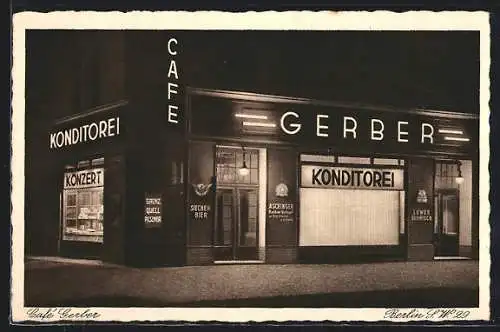 AK Berlin-Kreuzberg, Café Gerber in der Nacht