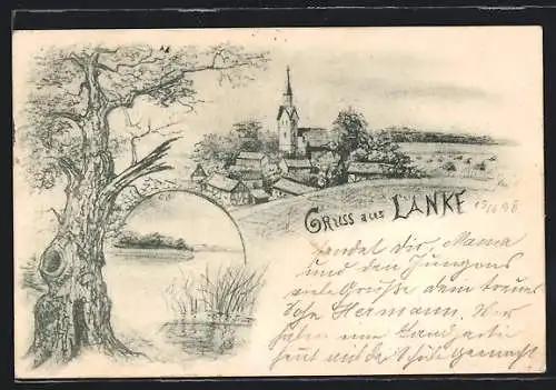 Künstler-AK Lanke, Panorama mit der Kirche, Partie am Ufer