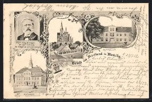 AK Friedland i. M., Rathaus, Gymnasium, Marien-Kirche, Portrait Fritz Reuter