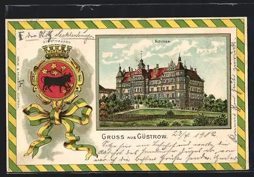 Passepartout-Lithographie Güstrow, Blick auf das Schloss, Wappen mit einem Stier