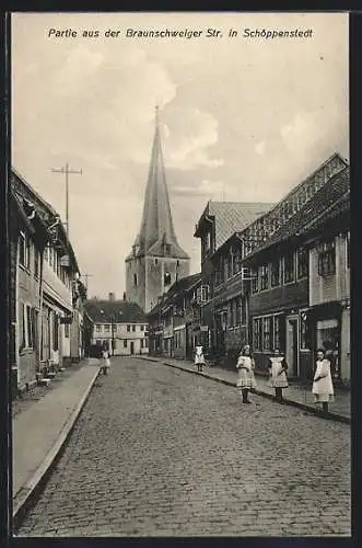 AK Schöppenstedt, Braunschweigerstrasse mit Geschäften