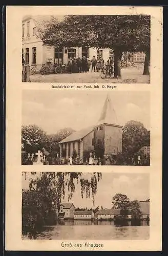 AK Ahausen / Wümme, Gasthof zur Post, Inh. D. Meyer, Kirche und Friedhof, Seepartie