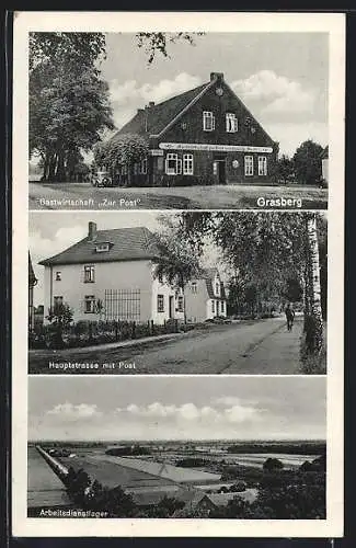 AK Grasberg, Gasthaus zur Post von Heinrich Blanke, Hauptstrasse mit Post, Arbeitsdienstlager