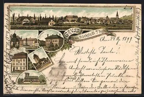 Lithographie Höchstadt a. Aisch, Gasthaus Scheidels Keller, Josephs-Anstalt, Stadtturm