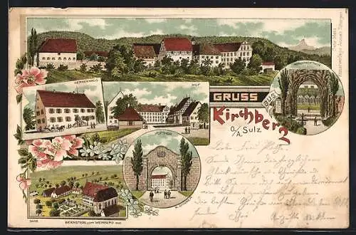 Lithographie Kirchberg /Sulz, Herrenhaus, Hofthor, Bernstein vom Weinberg aus