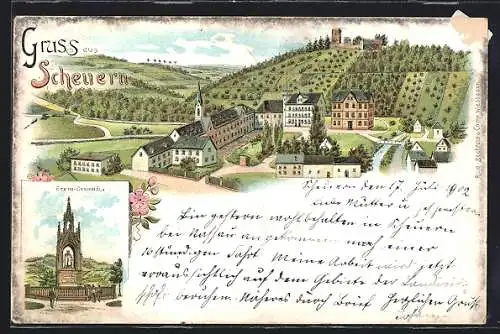 Lithographie Scheuern / Lahn, Ortsansicht mit Burg, Stein-Denkmal