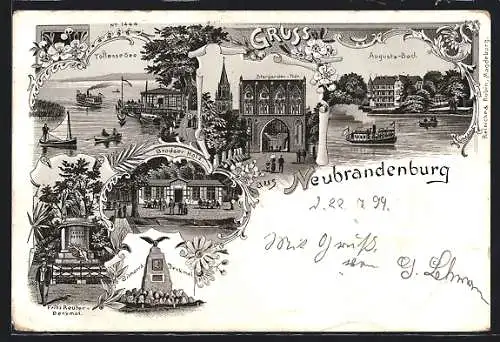 Lithographie Neubrandenburg, Gasthaus Brodaer Holz, Augusta-Bad, Bismarck-Denkmal