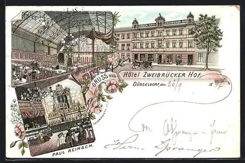Lithographie Düsseldorf, Hotel Zweibrücker Hof von P. Reinsch