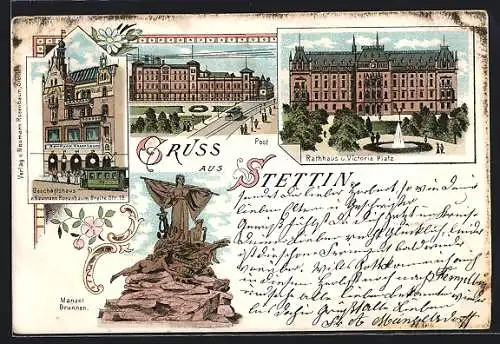 Lithographie Stettin, Geschäftshaus v. Naumann Rosenbaum, Breite Strasse 19, Post, Manzel-Brunnen