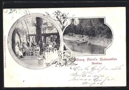AK Wien-Stadlau, Georg Stürzl`s Restauration, Gartenansicht m. Gästen, Boote am Ufer