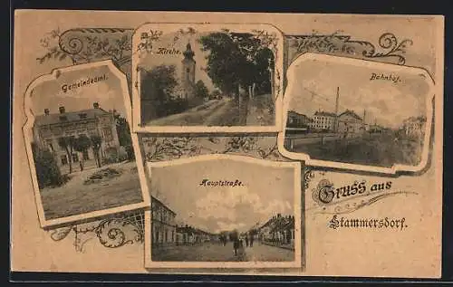 AK Stammersdorf, Bahnhof, Hauptstrasse, Gemeindeamt, Kirche