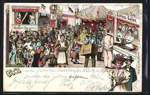 Lithographie Lützeler Kirmes 1899, Volksfest, Leierkasten