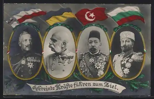 AK Kaiser Franz Josef I. von Österreich, Mehmed V. der Türkei, Kaiser Wilhelm II. und Zar Ferdinand I., Vierbund