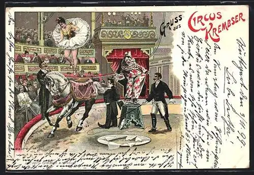 Lithographie Circus Krembser, Clown und Dompteur, Akrobatin auf Pferd